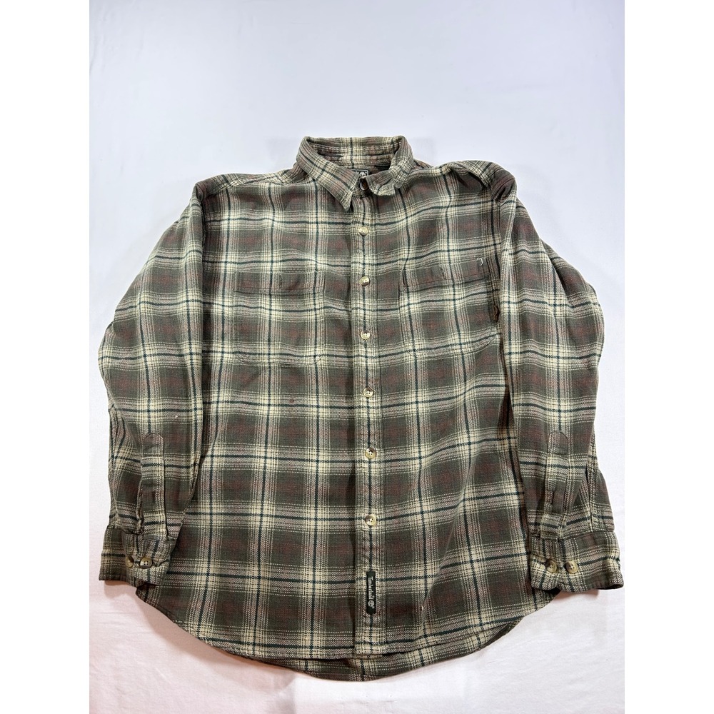 Timberland Mens Large Plaid Flannel Button Down Shirt Cotton Olive Brown L